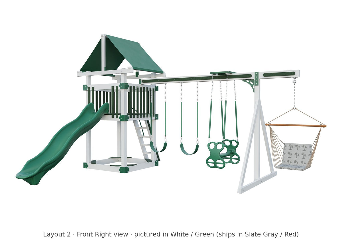 Amish 5x5 Boulder Vinyl Playset & Swing Set Kit – Layout 2, front right view (shown in White with Green accents)