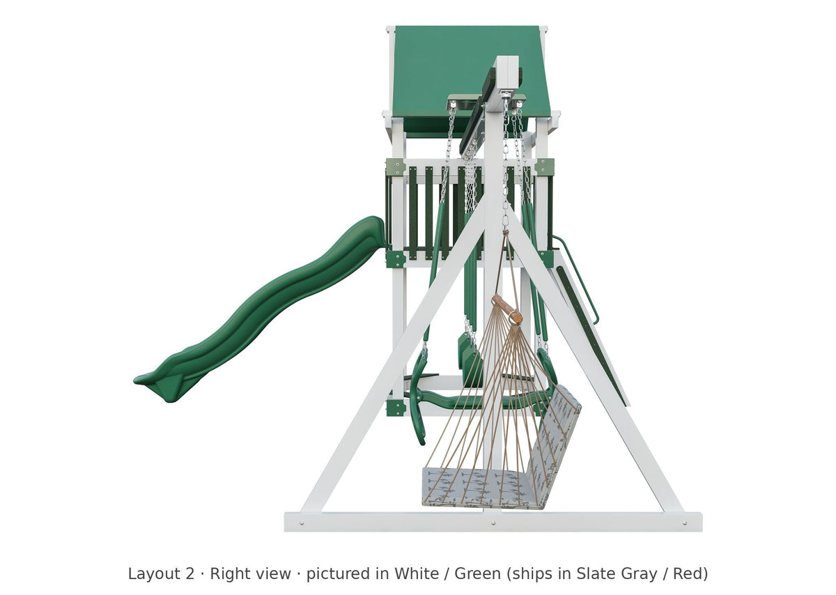 Amish 5x5 Boulder Vinyl Playset & Swing Set Kit – Layout 2, right view (shown in White with Green accents)