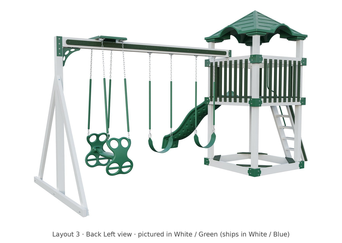Amish 5x5 Boulder Vinyl Playset & Swing Set Kit – Layout 3, back left view (shown in White with Green accents)
