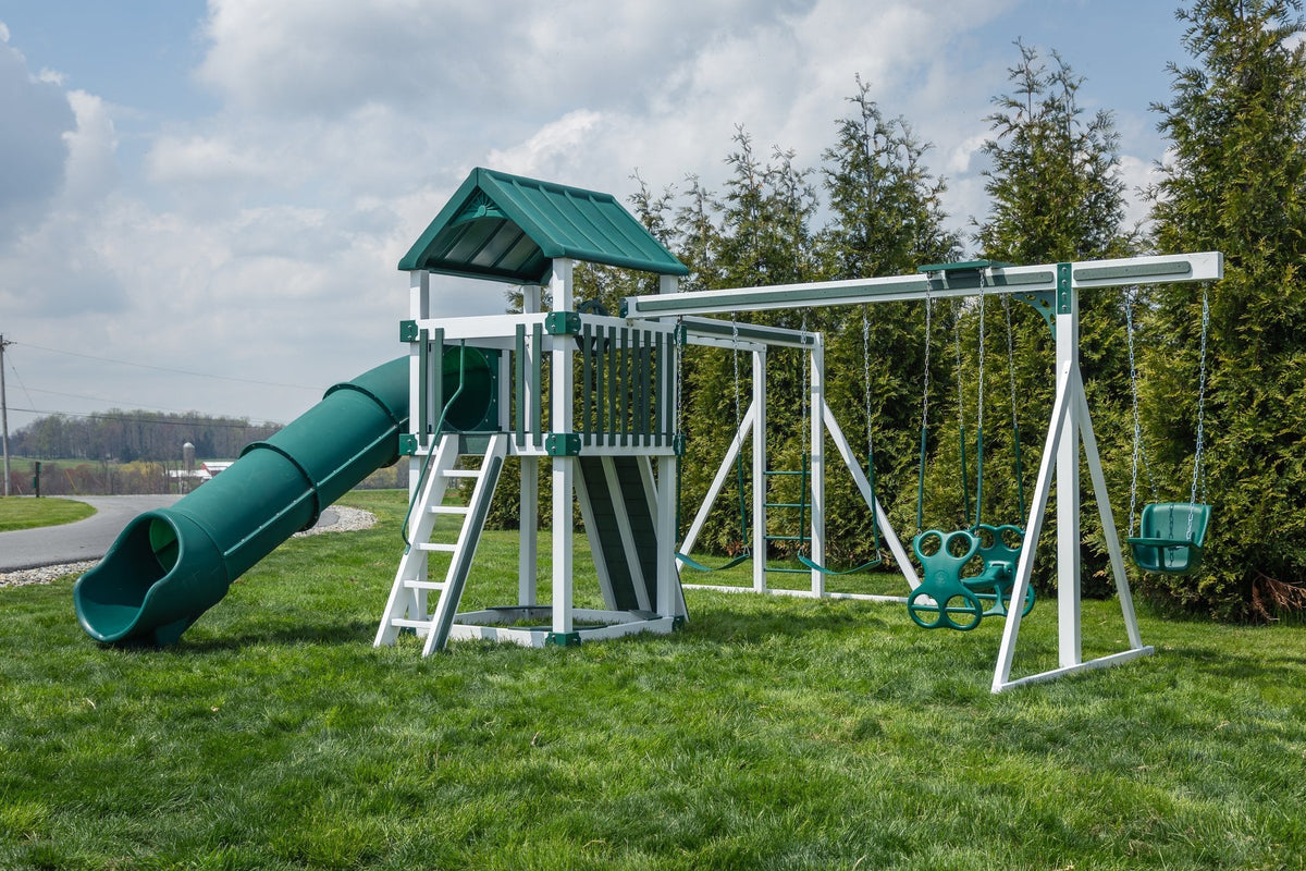 5x5 Boulder Vinyl Playset & Swing Set Kit – real-world photo (configuration and colors may differ from the layouts offered)