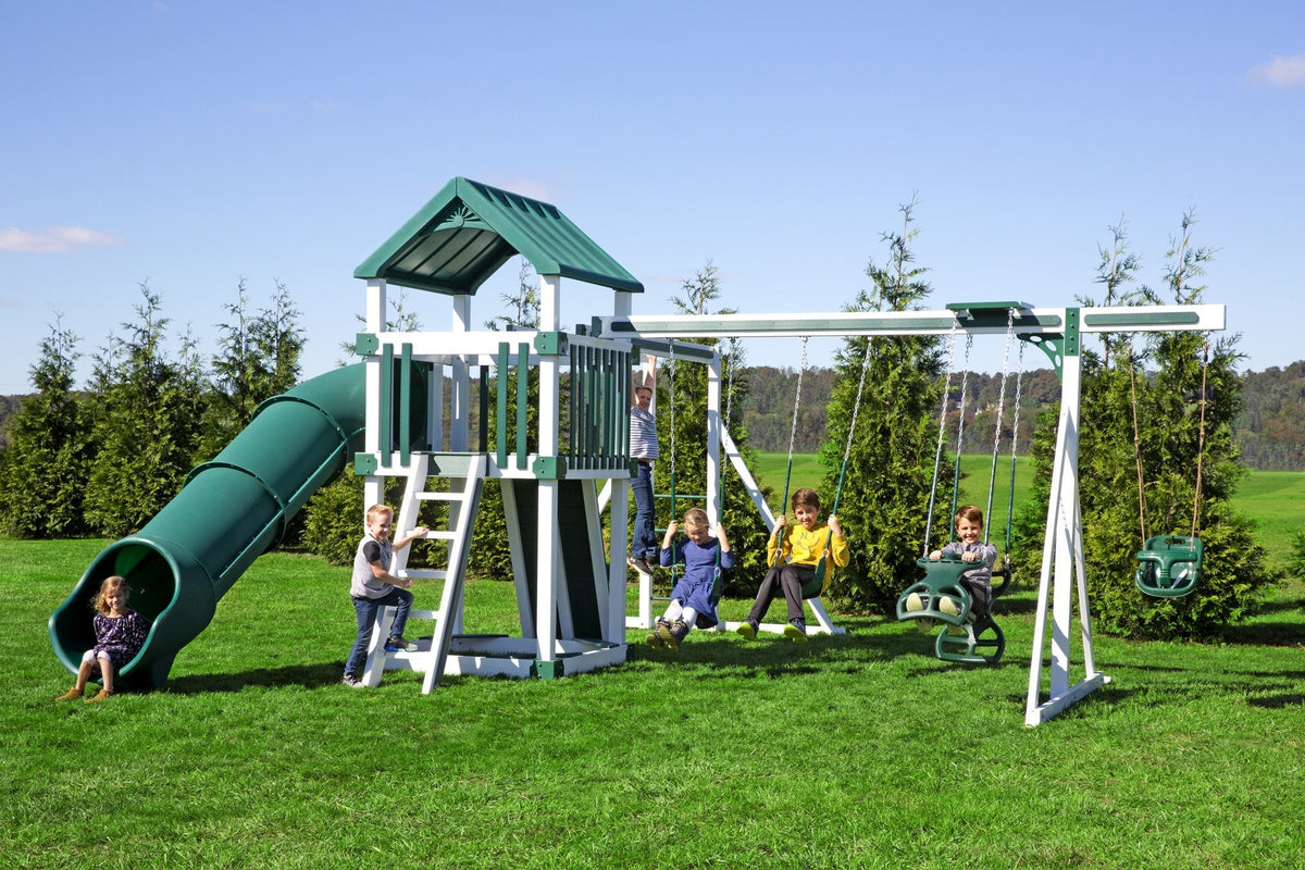 5x5 Boulder Vinyl Playset & Swing Set Kit – real-world photo (configuration and colors may differ from the layouts offered)