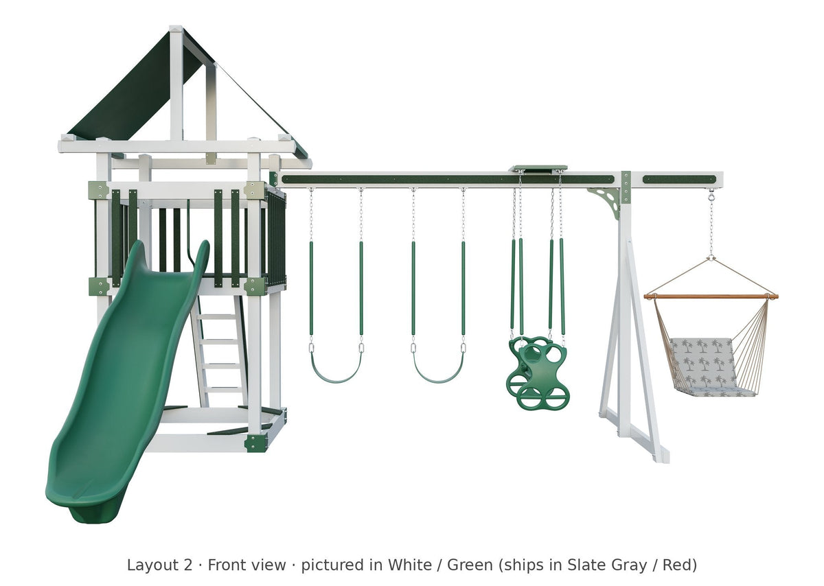 Amish 5x5 Boulder Vinyl Playset & Swing Set Kit – Layout 2, front view (shown in White with Green accents)