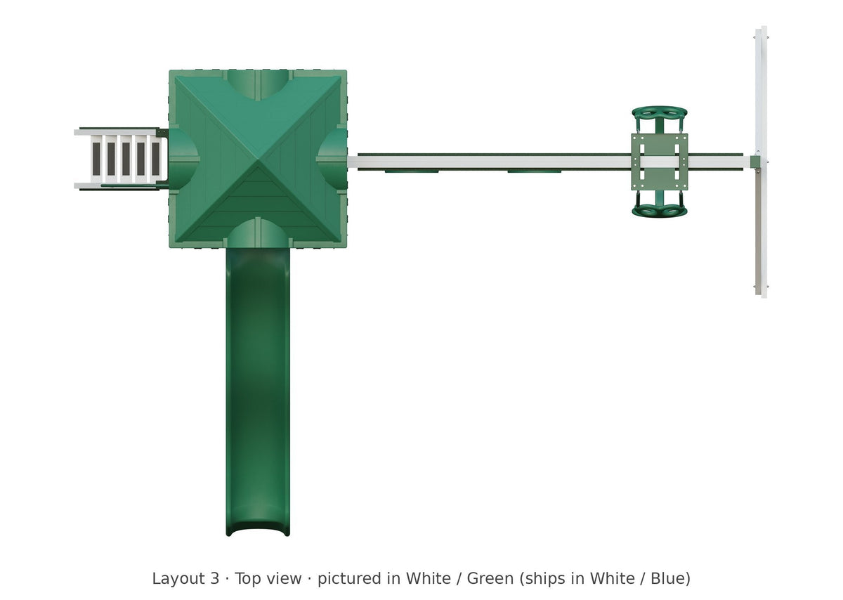 Amish 5x5 Boulder Vinyl Playset & Swing Set Kit – Layout 3, top view (shown in White with Green accents)