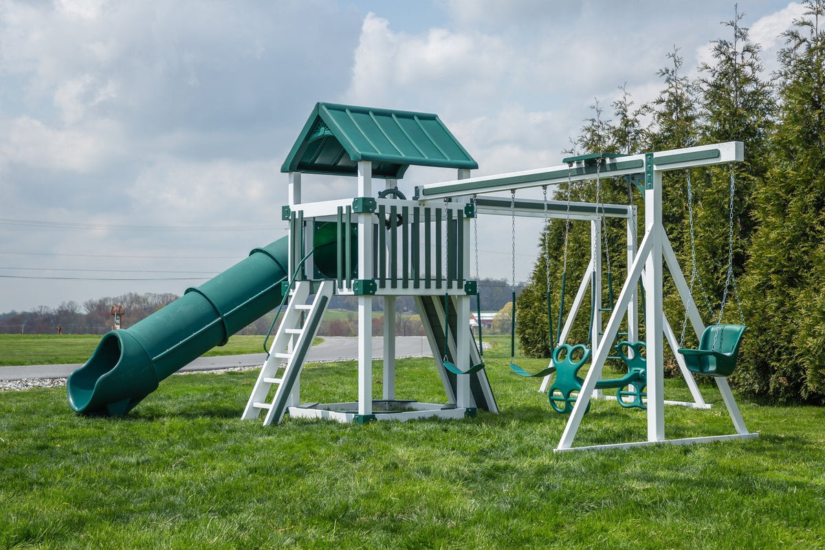 5x5 Boulder Vinyl Playset & Swing Set Kit – real-world photo (configuration and colors may differ from the layouts offered)
