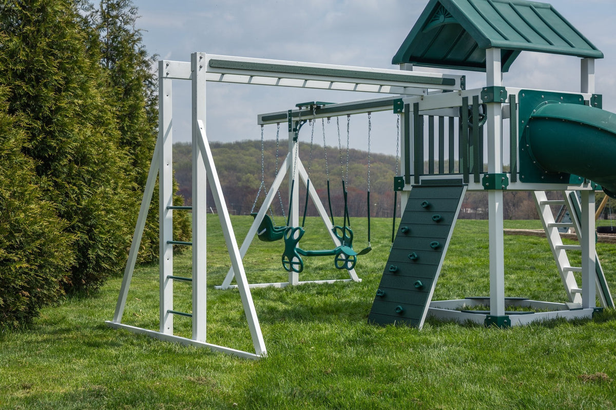 5x5 Boulder Vinyl Playset & Swing Set Kit – real-world photo (configuration and colors may differ from the layouts offered)