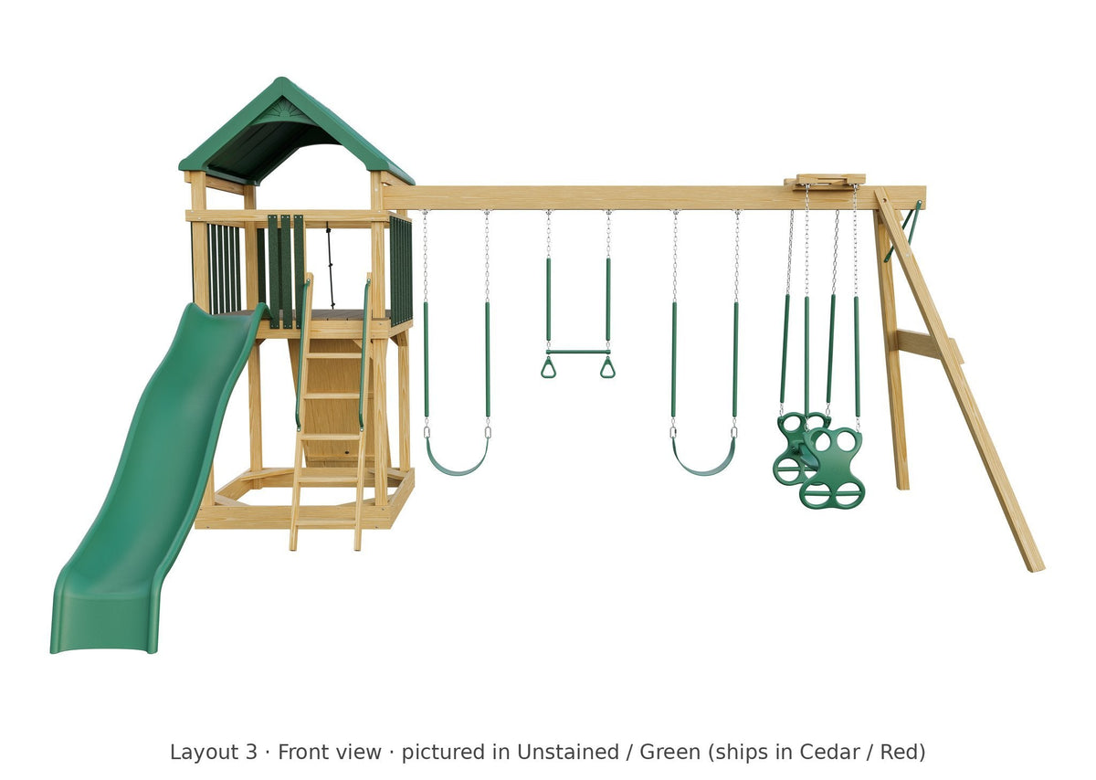 Amish 5x5 Challenger Wooden Swing Set & Playset Kit – Layout 3, front view (shown in Unstained with Green accents)