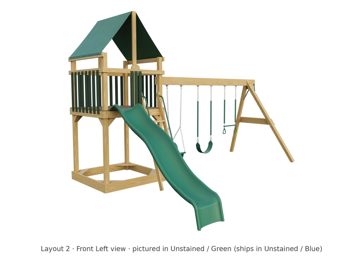 Amish 5x5 Challenger Wooden Swing Set & Playset Kit – Layout 2, front left view (shown in Unstained with Green accents)