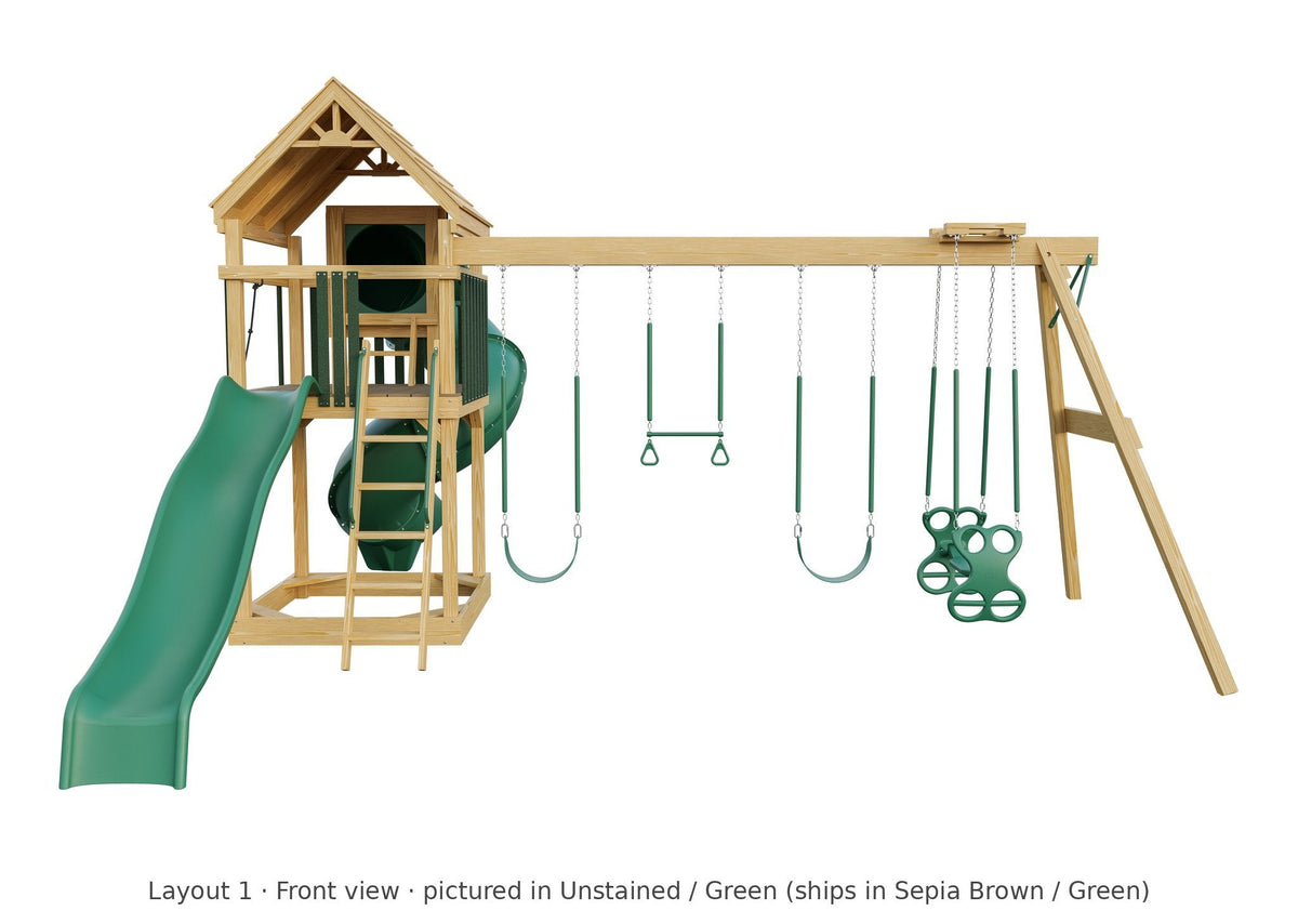 Amish 5x5 Challenger Wooden Swing Set & Playset Kit – Layout 1, front view (shown in Unstained with Green accents)