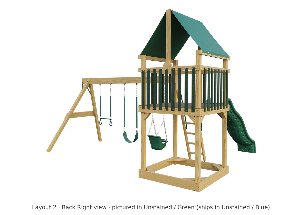 Amish 5x5 Challenger Wooden Swing Set & Playset Kit – Layout 2, back right view (shown in Unstained with Green accents)
