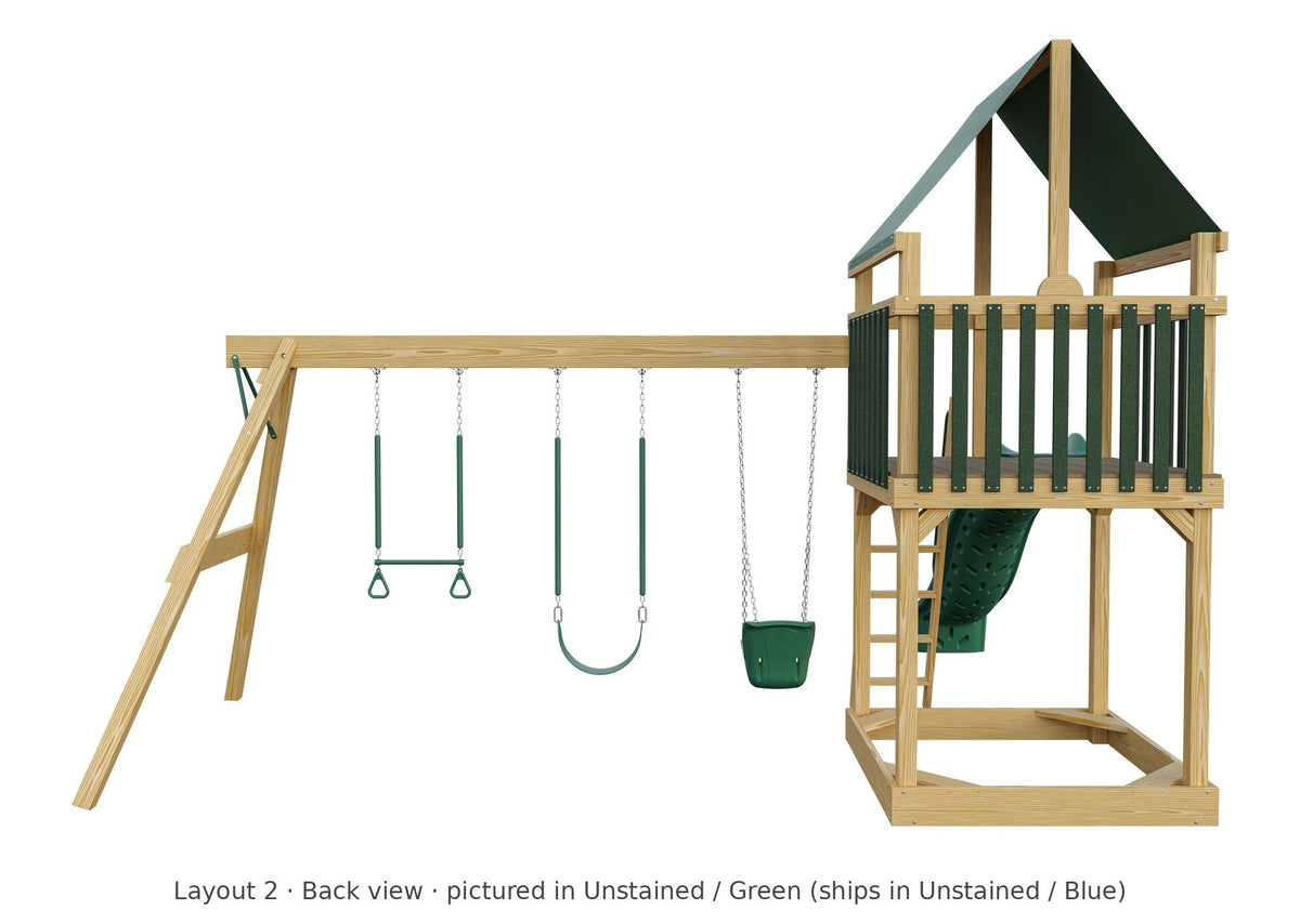 Amish 5x5 Challenger Wooden Swing Set & Playset Kit – Layout 2, back view (shown in Unstained with Green accents)