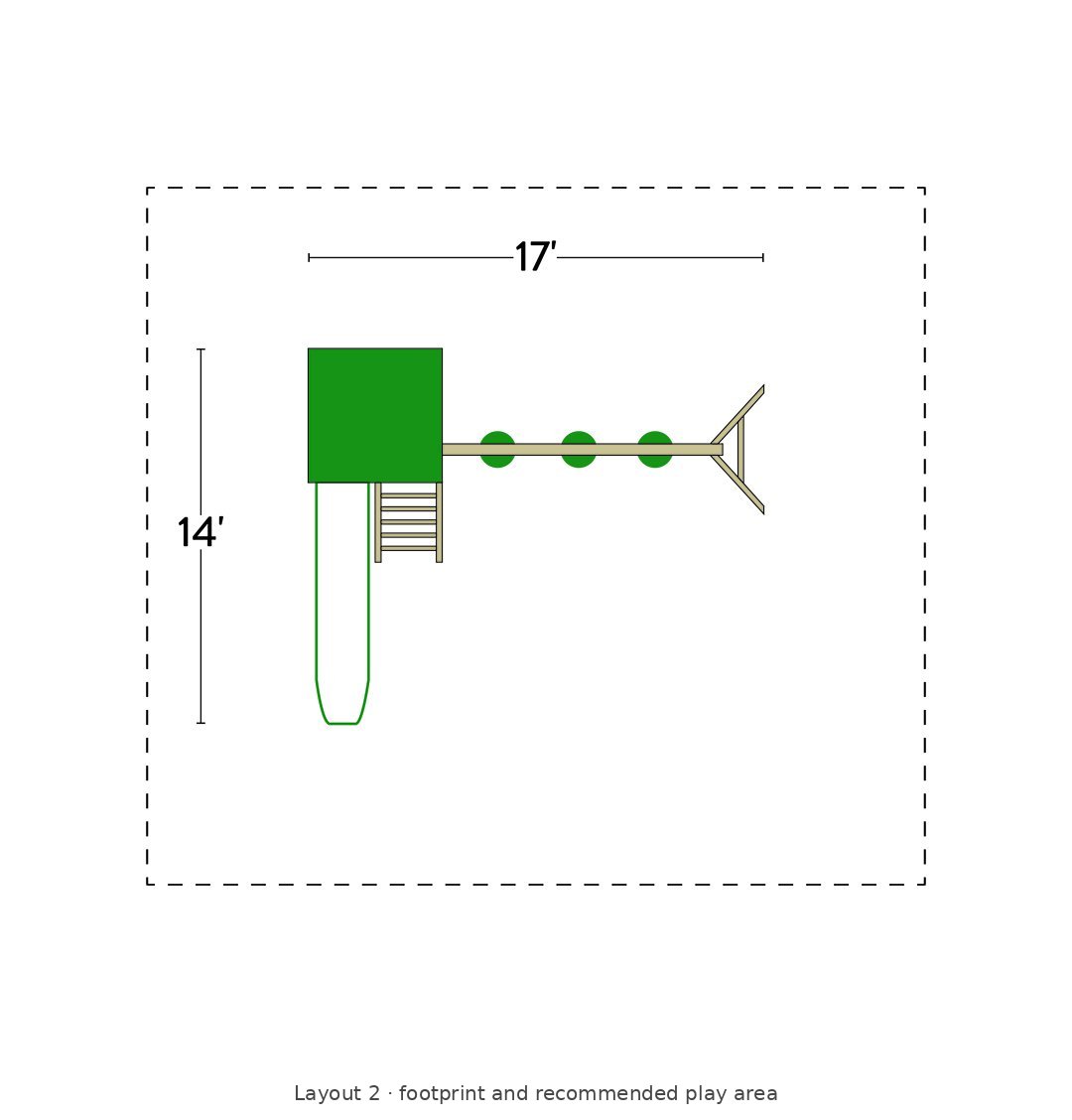 Amish 5x5 Challenger Wooden Swing Set & Playset Kit – Layout 2 footprint and recommended play area diagram