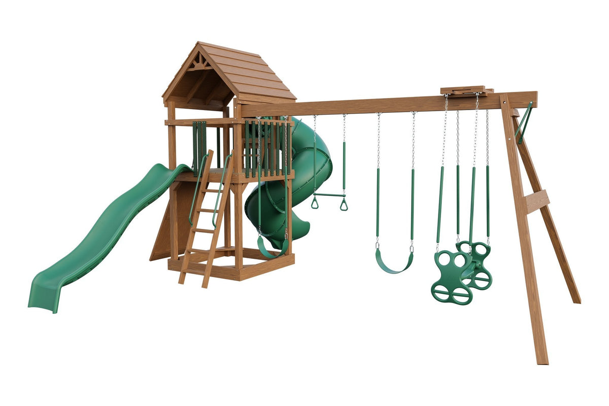 Amish 5x5 Challenger Wooden Swing Set & Playset Kit – Layout 1, Sepia Brown with Green accents