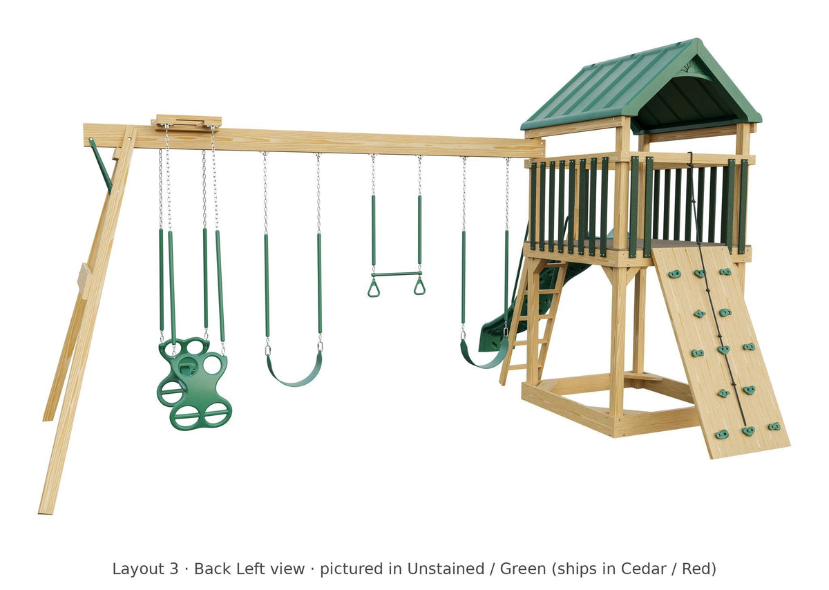 Amish 5x5 Challenger Wooden Swing Set & Playset Kit – Layout 3, back left view (shown in Unstained with Green accents)