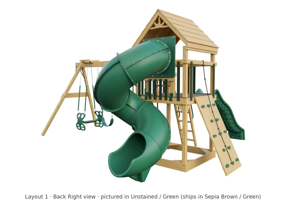 Amish 5x5 Challenger Wooden Swing Set & Playset Kit – Layout 1, back right view (shown in Unstained with Green accents)
