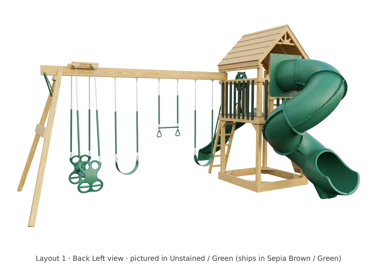 Amish 5x5 Challenger Wooden Swing Set & Playset Kit – Layout 1, back left view (shown in Unstained with Green accents)