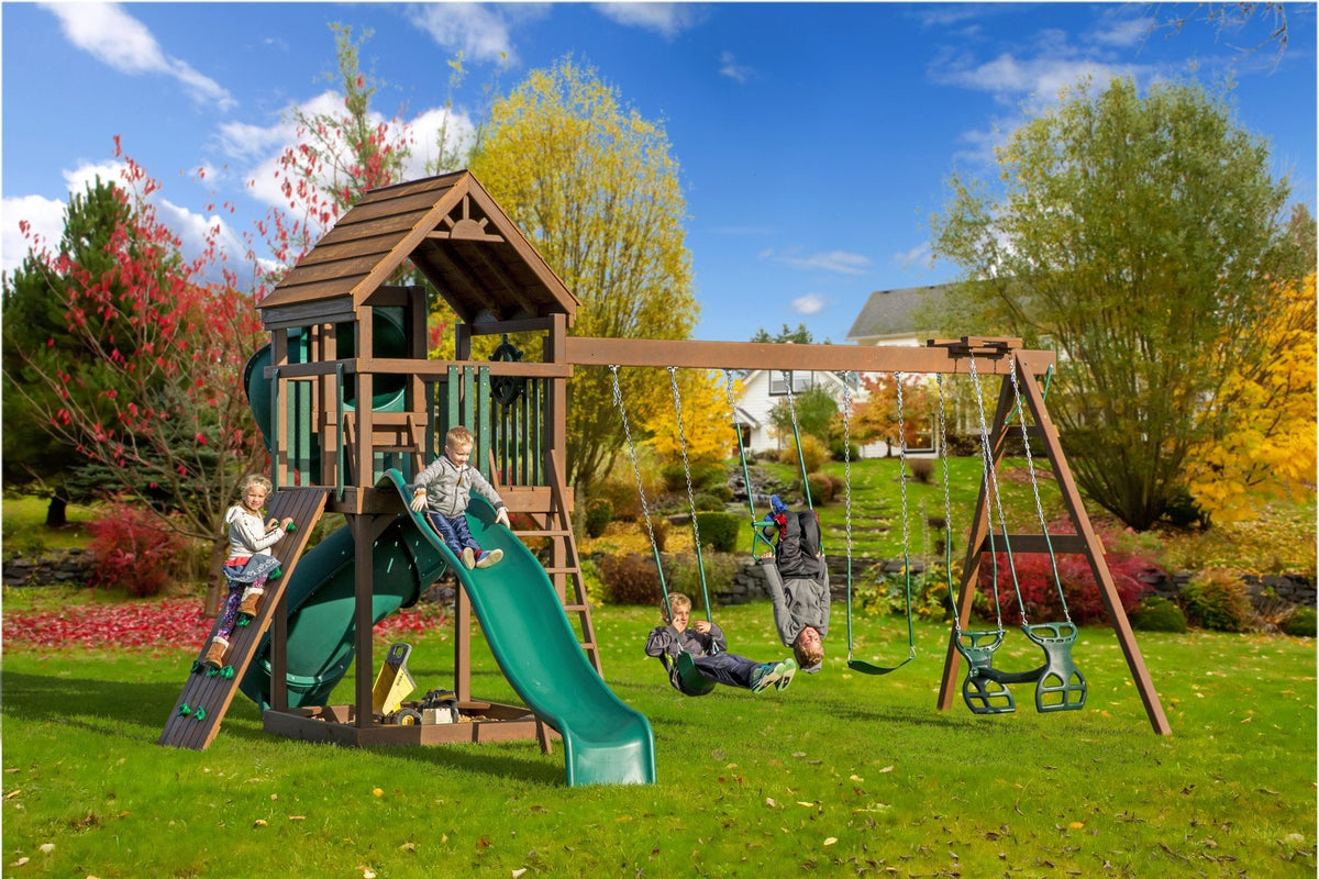 5x5 Challenger Wooden Swing Set & Playset Kit – real-world photo (configuration and colors may differ from the layouts offered)