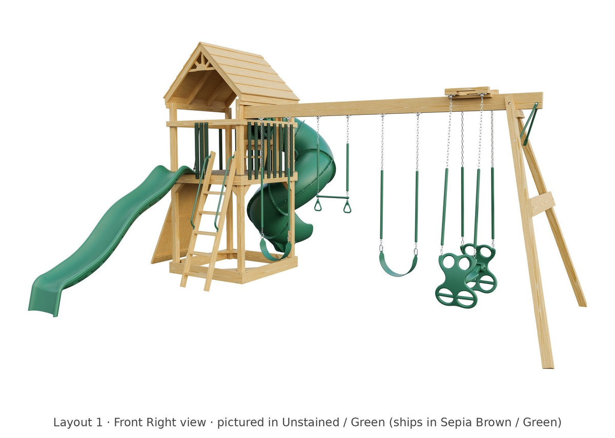 Amish 5x5 Challenger Wooden Swing Set & Playset Kit – Layout 1, front right view (shown in Unstained with Green accents)
