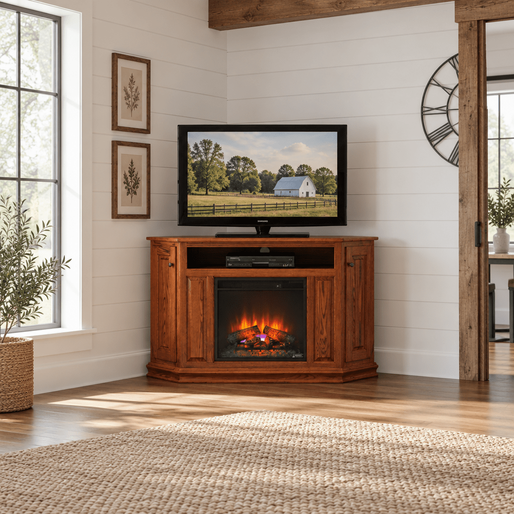 Amish 60" Corner TV Stand with 23" Electric Fireplace shown in the living room of a modern farmhouse home