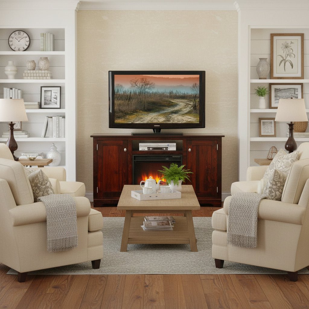 Dark cherry TV stand with electric fireplace and open component shelf, flanked by white built-in bookcases and cream chairs