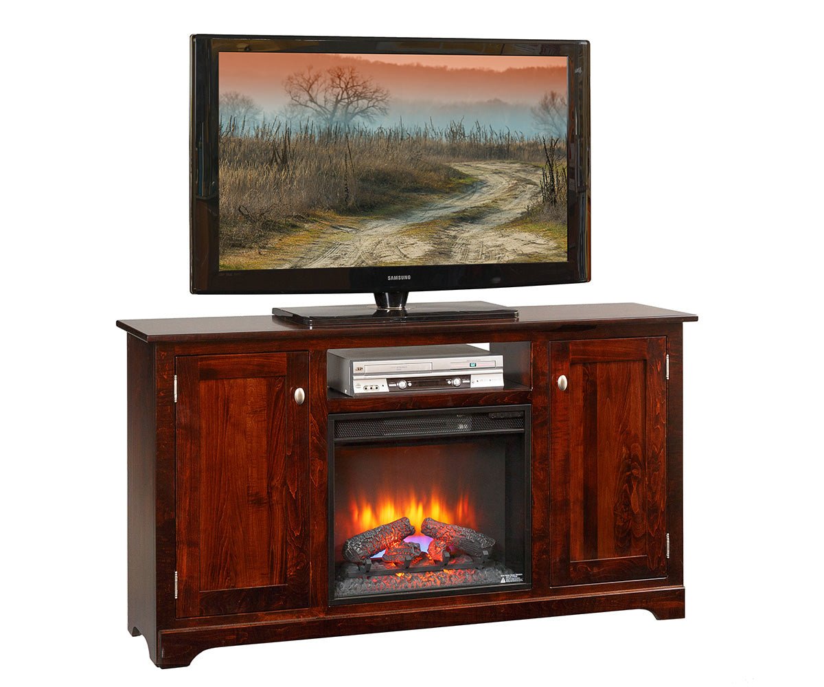 Dark cherry TV stand with electric fireplace and open component shelf, flanked by white built-in bookcases and cream chairs