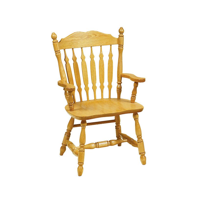Light oak arrow back arm chair with turned spindles, urn finials, contoured saddle seat and turned stretchers