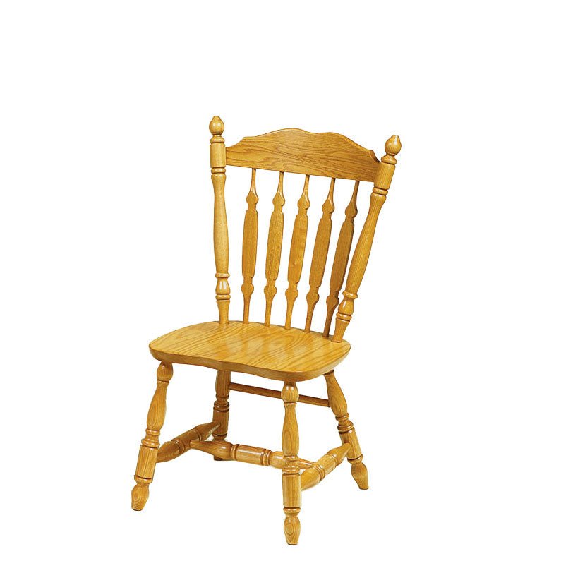 Natural oak arrow back side chair with turned spindles, finial topped posts and a scooped solid wood seat