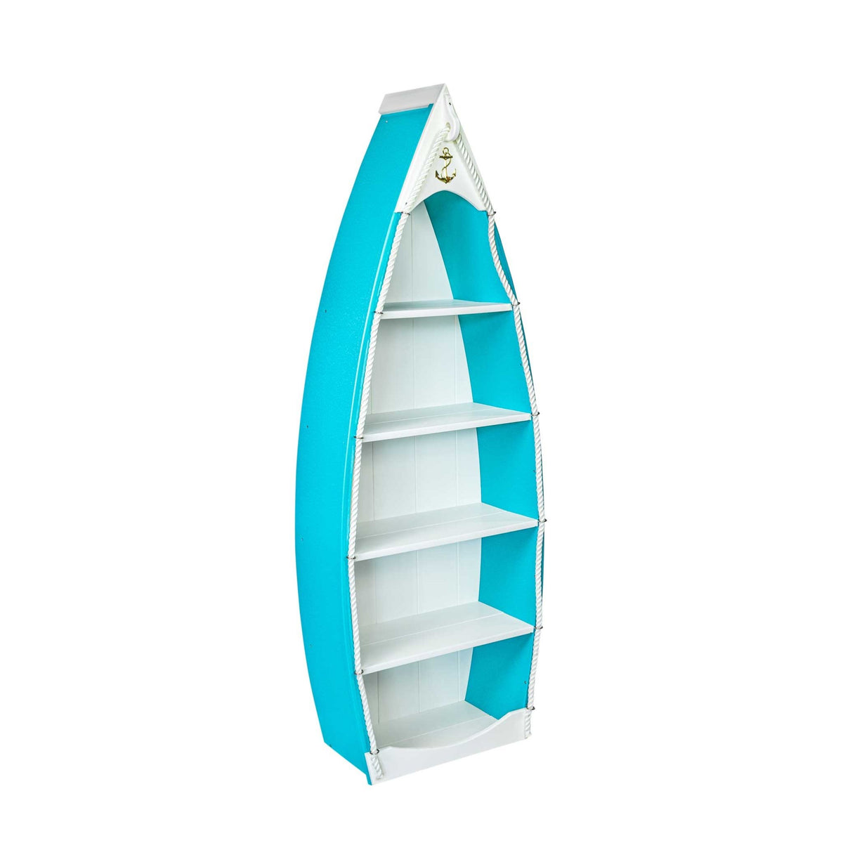 Aqua blue poly rowboat bookcase with four white shelves, rope side trim and gold anchor at the bow