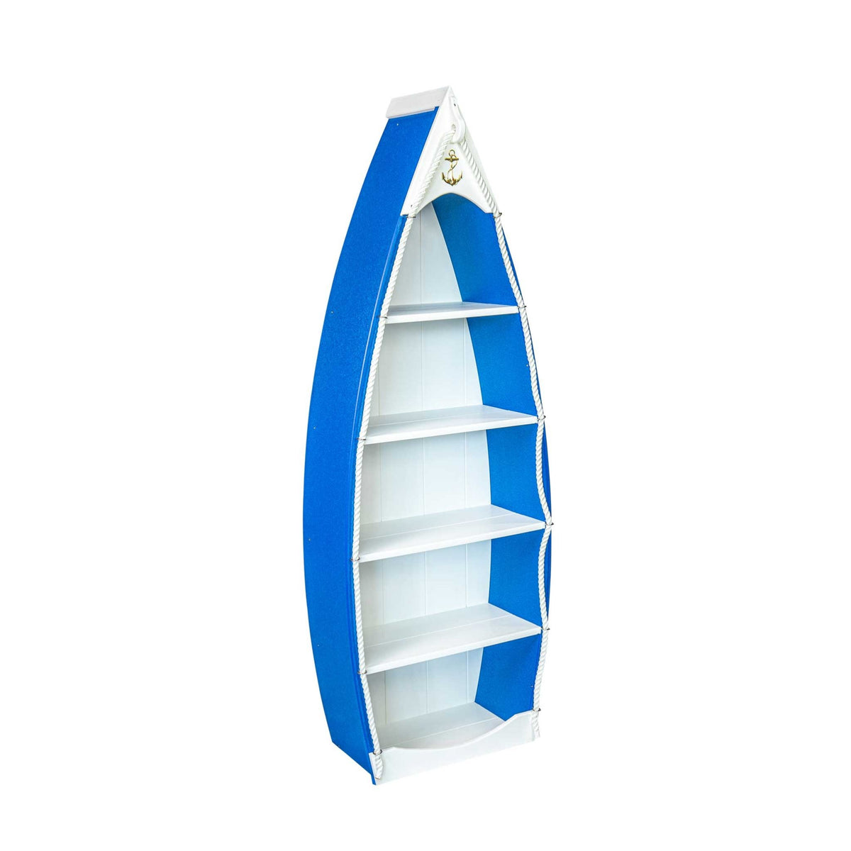 Royal blue outdoor boat shelf with white shelves and rope accents, angled view on a white background
