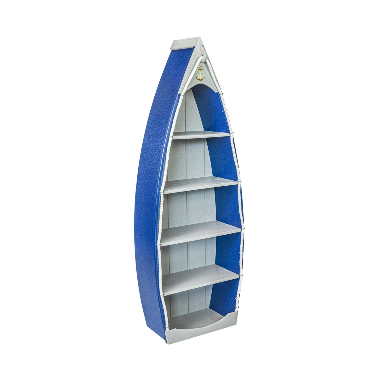 Blue rowboat bookcase with weathered gray interior shelves and rope detailing on a white background