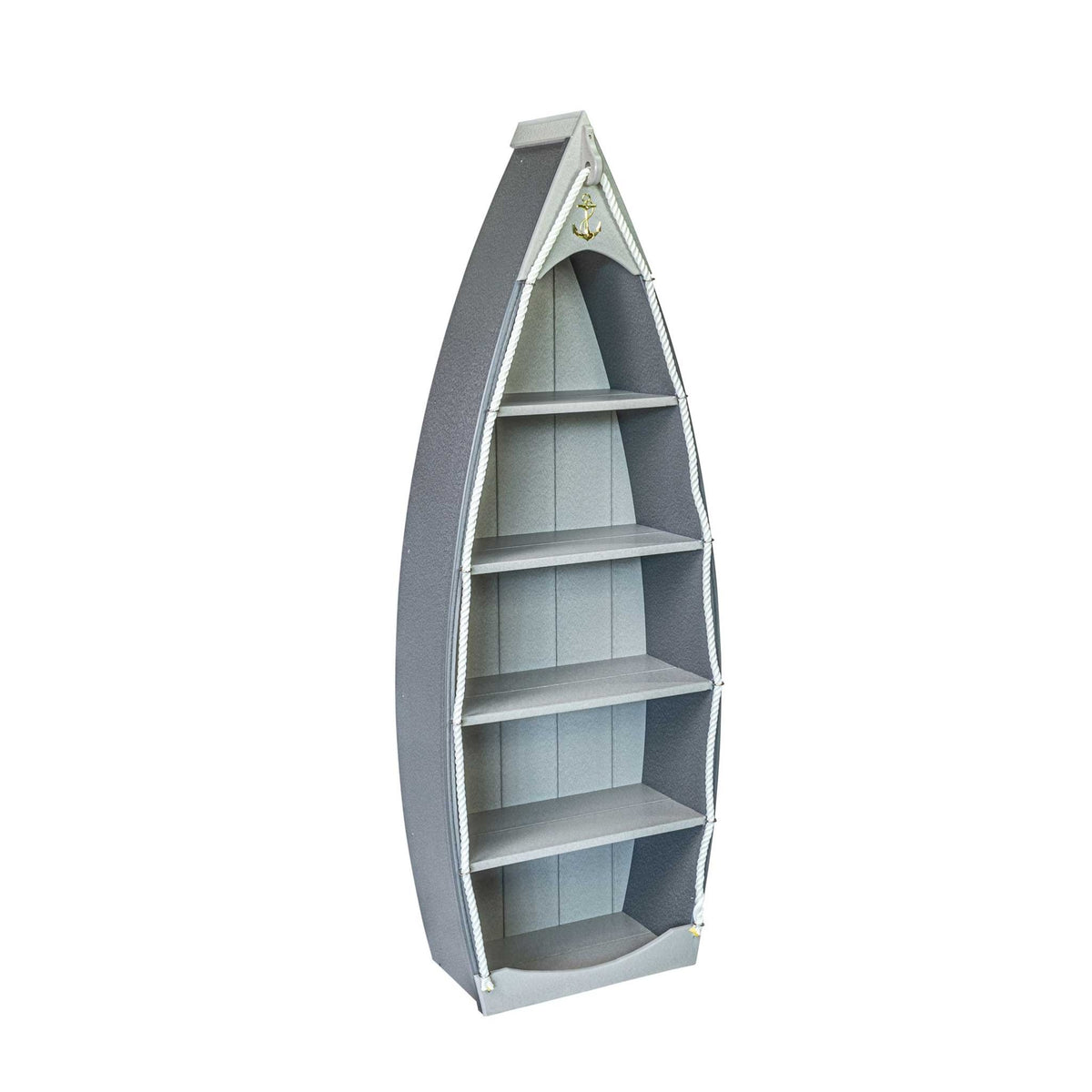 Gray poly rowboat shaped bookcase with four light gray shelves and white rope trim