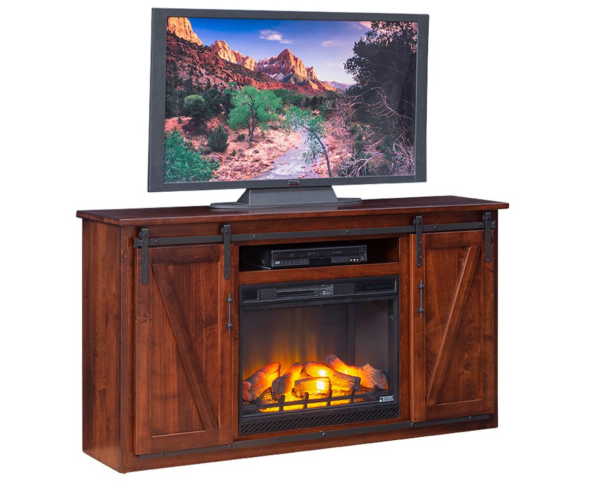 Sliding barn door entertainment center with a 28 inch electric fireplace, upper component shelf and black barn door track