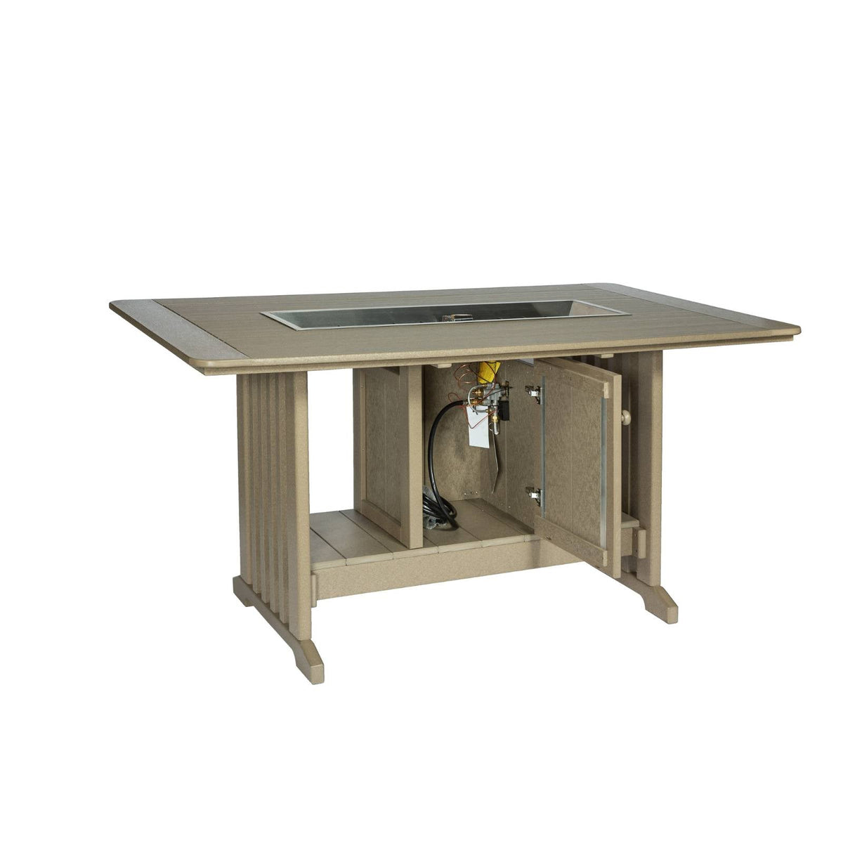 Beige poly fire pit bar table with the cabinet door open showing the propane burner hookup inside