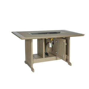 Beige poly fire pit bar table with the cabinet door open showing the propane burner hookup inside