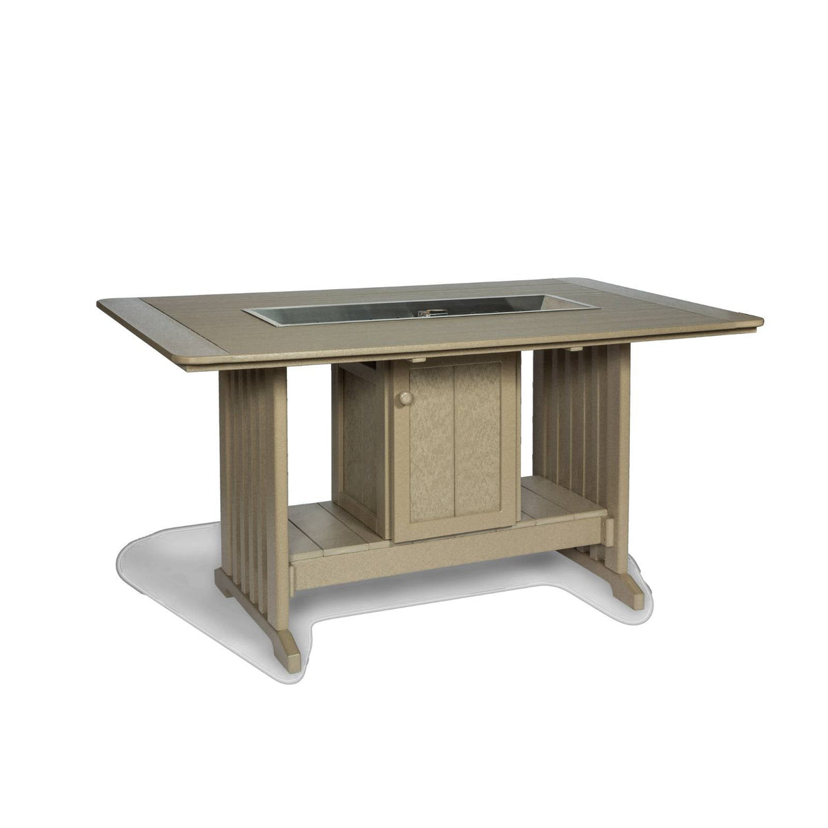 Beige poly bar height fire pit table with a rectangular burner, cabinet door and lower shelf