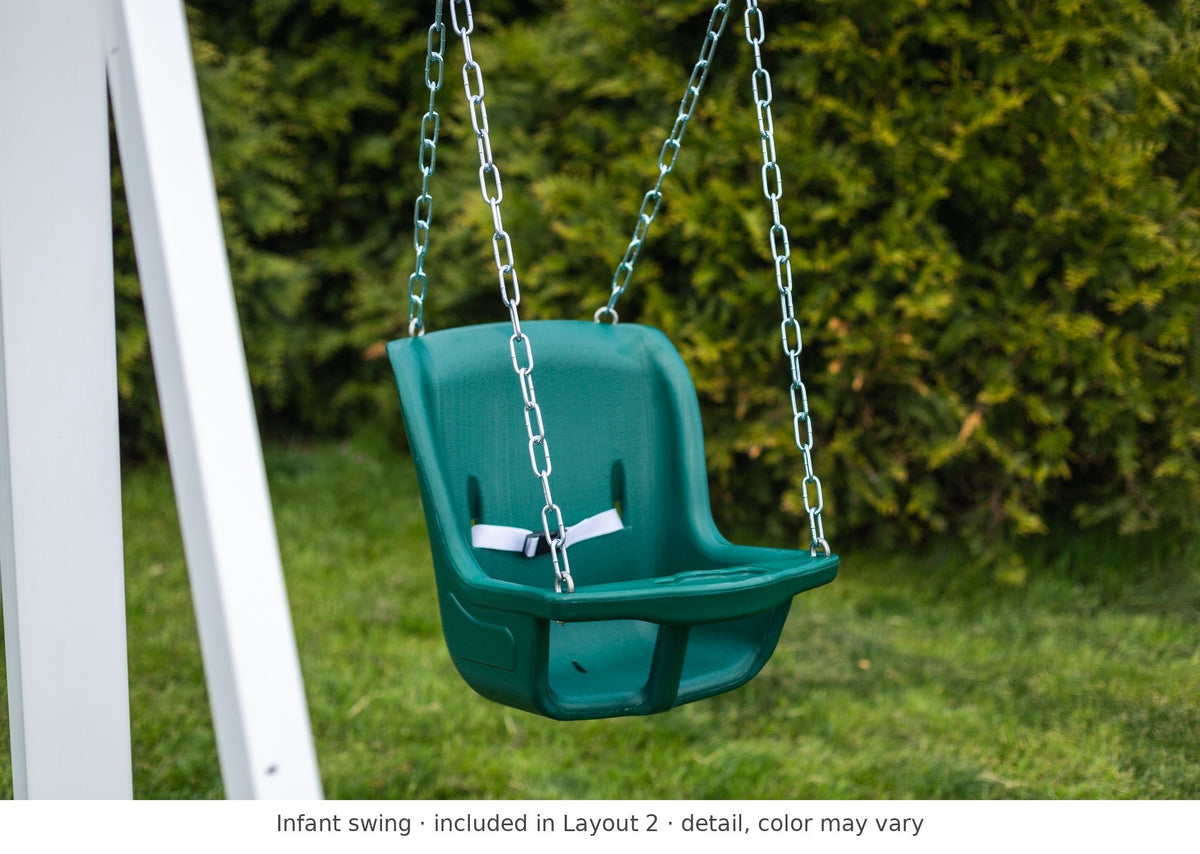 Infant swing detail – included in Layout 2 of the 6x6 Boulder Vinyl Playset & Swing Set Kit