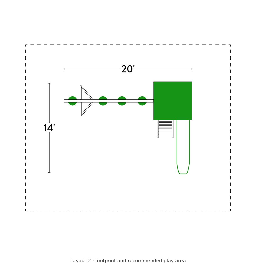 Amish 6x6 Boulder Vinyl Playset & Swing Set Kit – Layout 2 footprint and recommended play area diagram