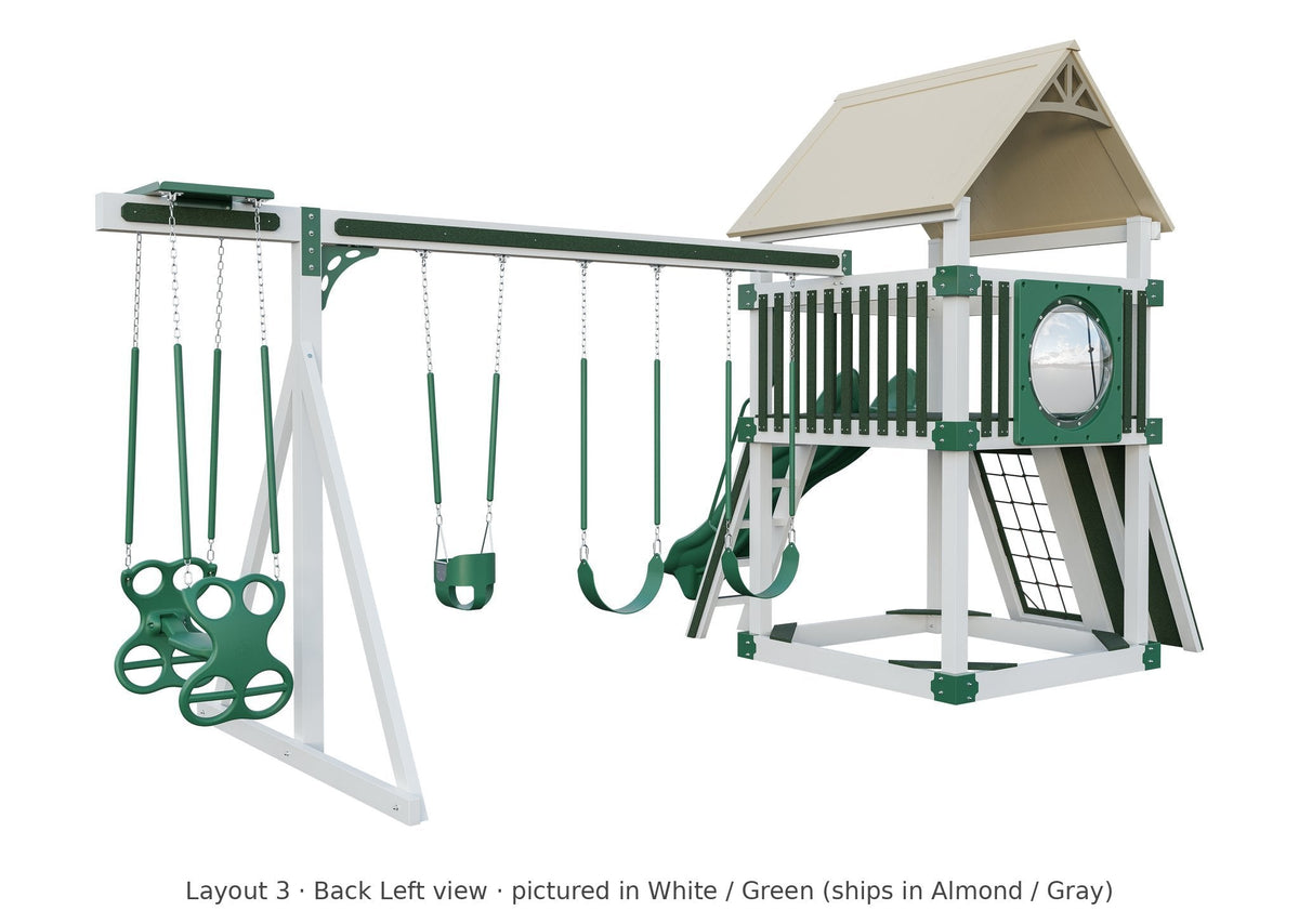Amish 6x6 Boulder Vinyl Playset & Swing Set Kit – Layout 3, back left view (shown in White with Green accents)