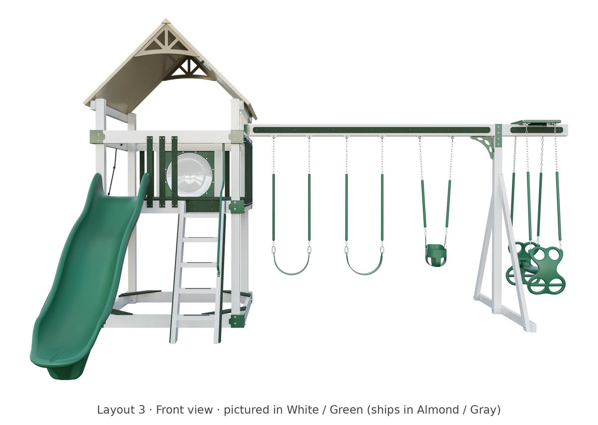 Amish 6x6 Boulder Vinyl Playset & Swing Set Kit – Layout 3, front view (shown in White with Green accents)