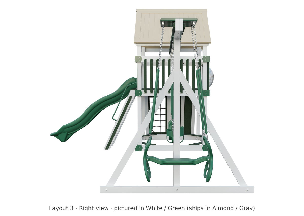 Amish 6x6 Boulder Vinyl Playset & Swing Set Kit – Layout 3, right view (shown in White with Green accents)