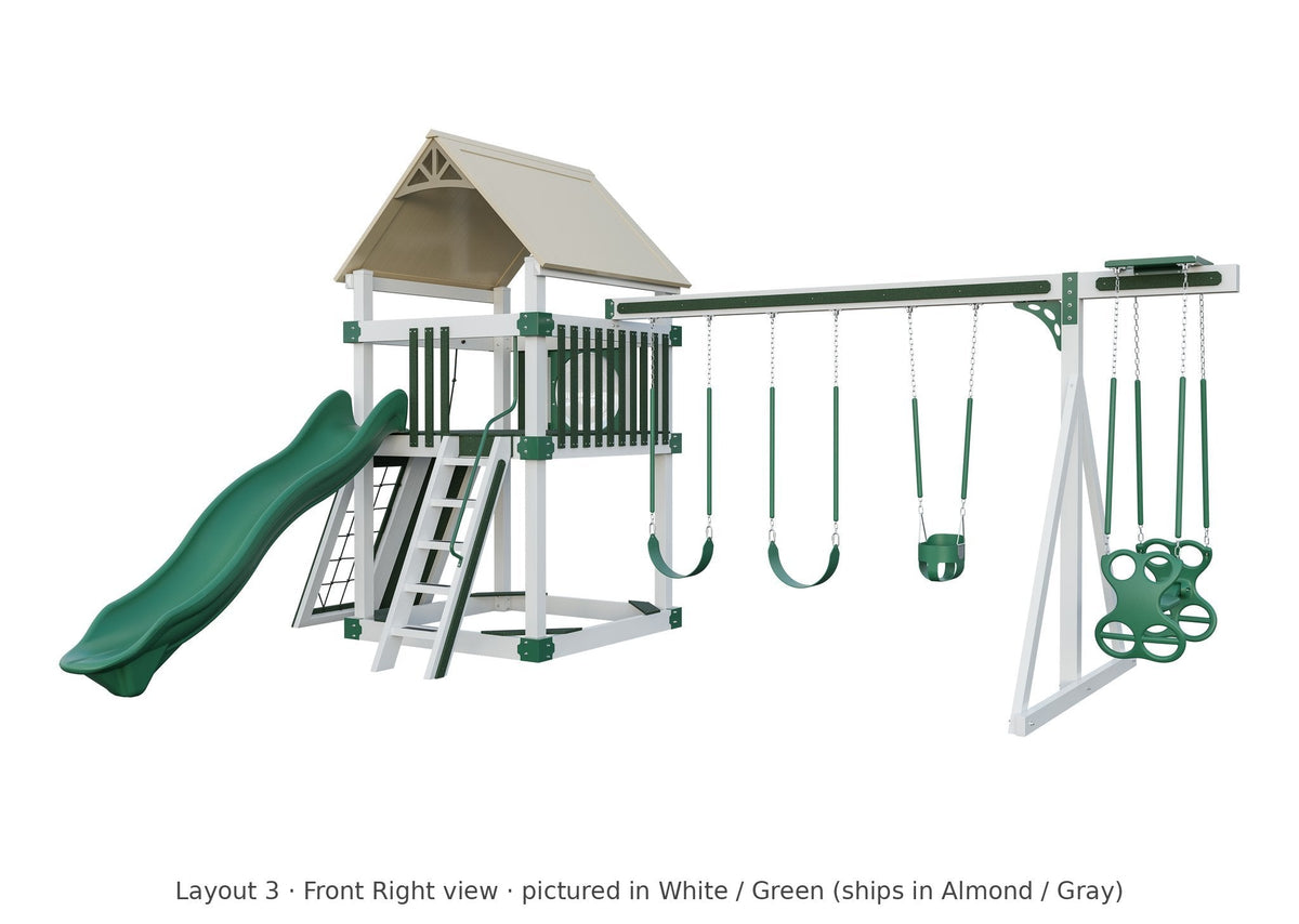 Amish 6x6 Boulder Vinyl Playset & Swing Set Kit – Layout 3, front right view (shown in White with Green accents)