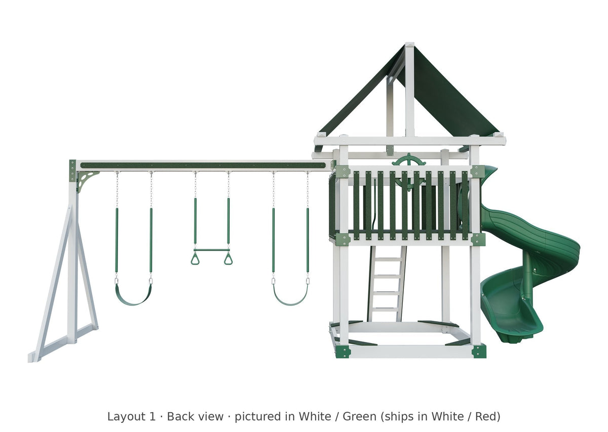Amish 6x6 Boulder Vinyl Playset & Swing Set Kit – Layout 1, back view (shown in White with Green accents)