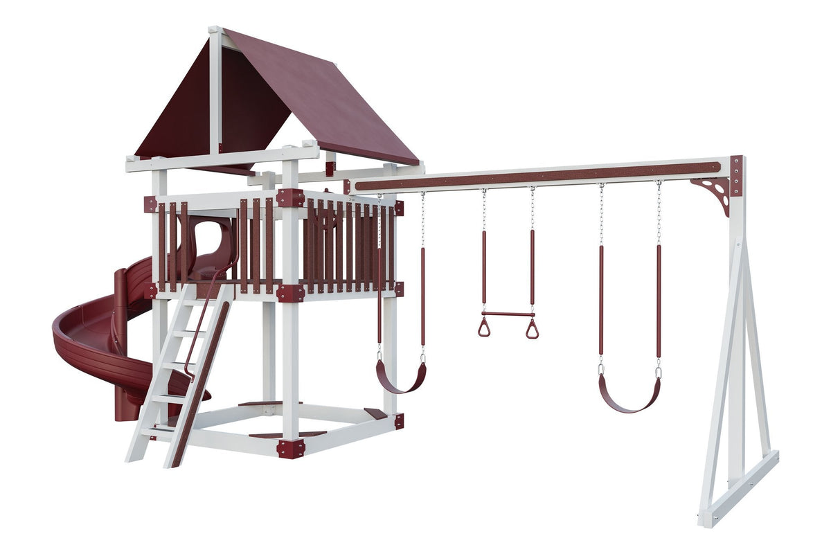 Amish 6x6 Boulder Vinyl Playset & Swing Set Kit – Layout 1, White with Red accents
