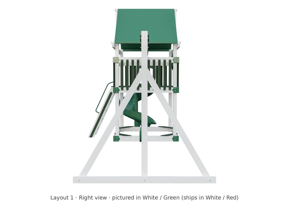 Amish 6x6 Boulder Vinyl Playset & Swing Set Kit – Layout 1, right view (shown in White with Green accents)