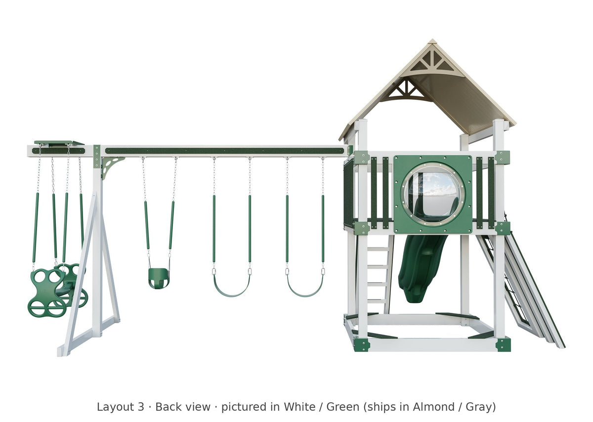 Amish 6x6 Boulder Vinyl Playset & Swing Set Kit – Layout 3, back view (shown in White with Green accents)