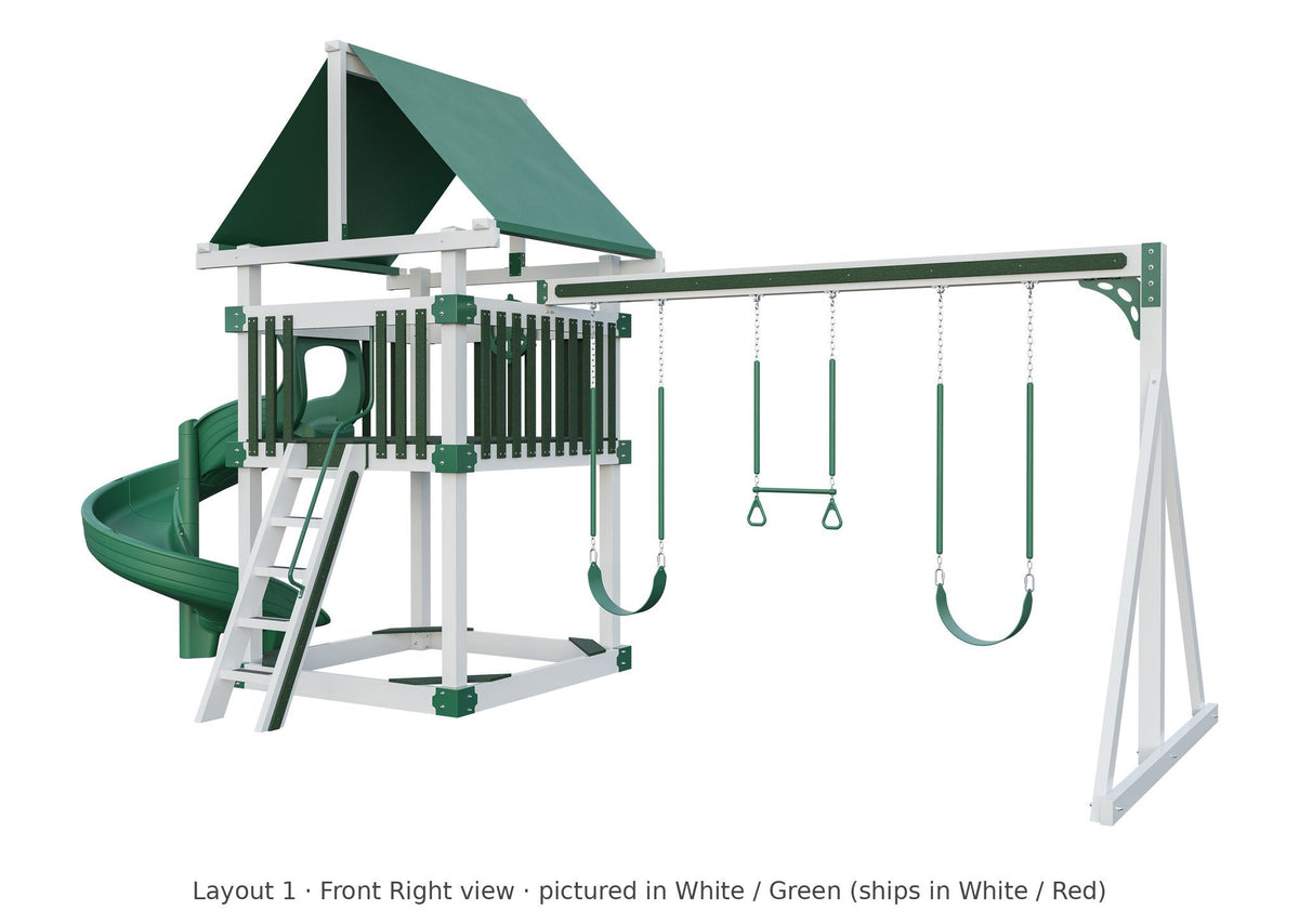 Amish 6x6 Boulder Vinyl Playset & Swing Set Kit – Layout 1, front right view (shown in White with Green accents)