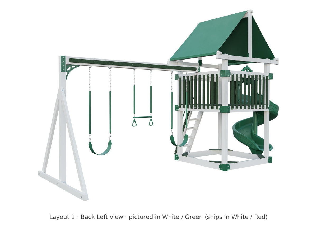 Amish 6x6 Boulder Vinyl Playset & Swing Set Kit – Layout 1, back left view (shown in White with Green accents)