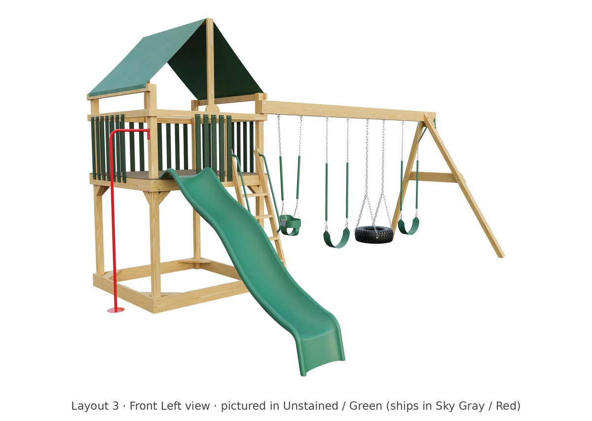 Amish 6x6 Challenger Wooden Swing Set & Playset Kit – Layout 3, front left view (shown in Unstained with Green accents)