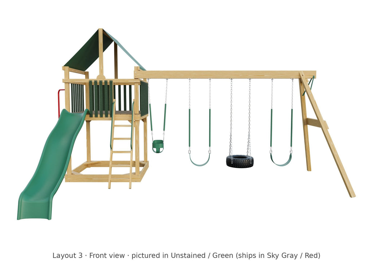 Amish 6x6 Challenger Wooden Swing Set & Playset Kit – Layout 3, front view (shown in Unstained with Green accents)