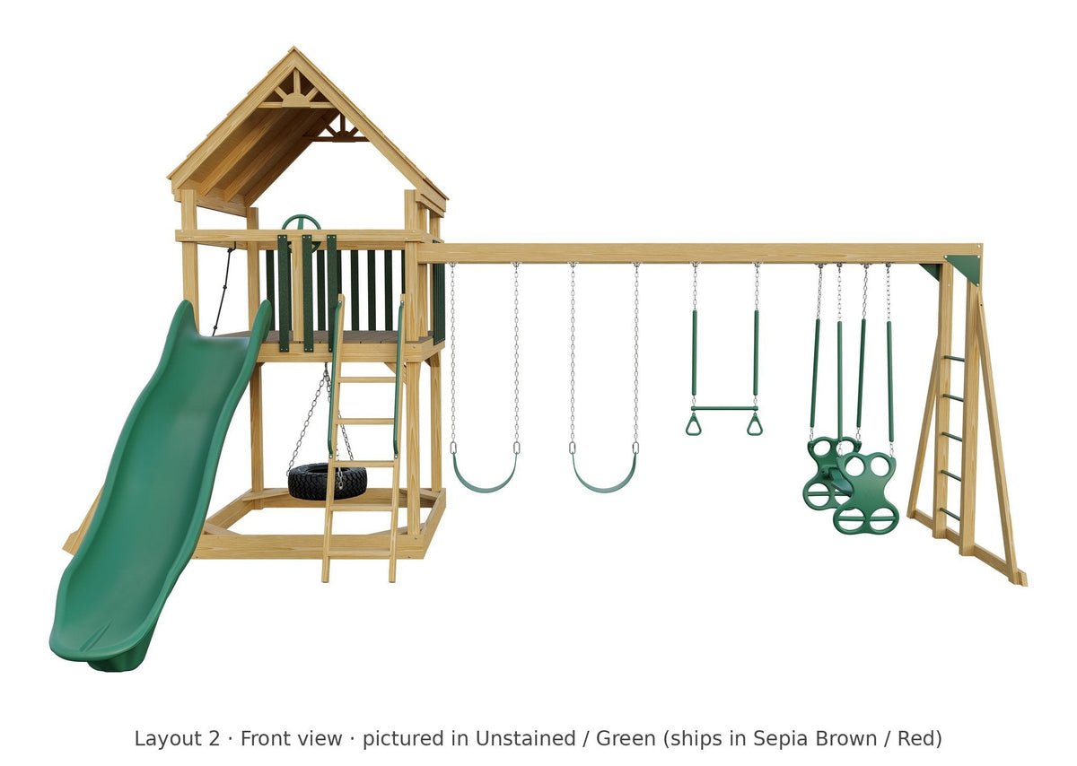 Amish 6x6 Challenger Wooden Swing Set & Playset Kit – Layout 2, front view (shown in Unstained with Green accents)