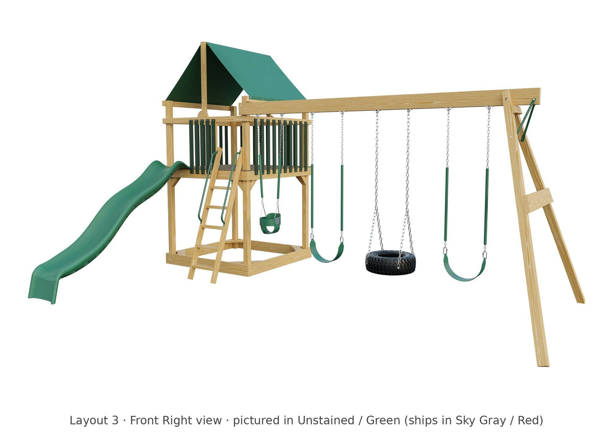 Amish 6x6 Challenger Wooden Swing Set & Playset Kit – Layout 3, front right view (shown in Unstained with Green accents)
